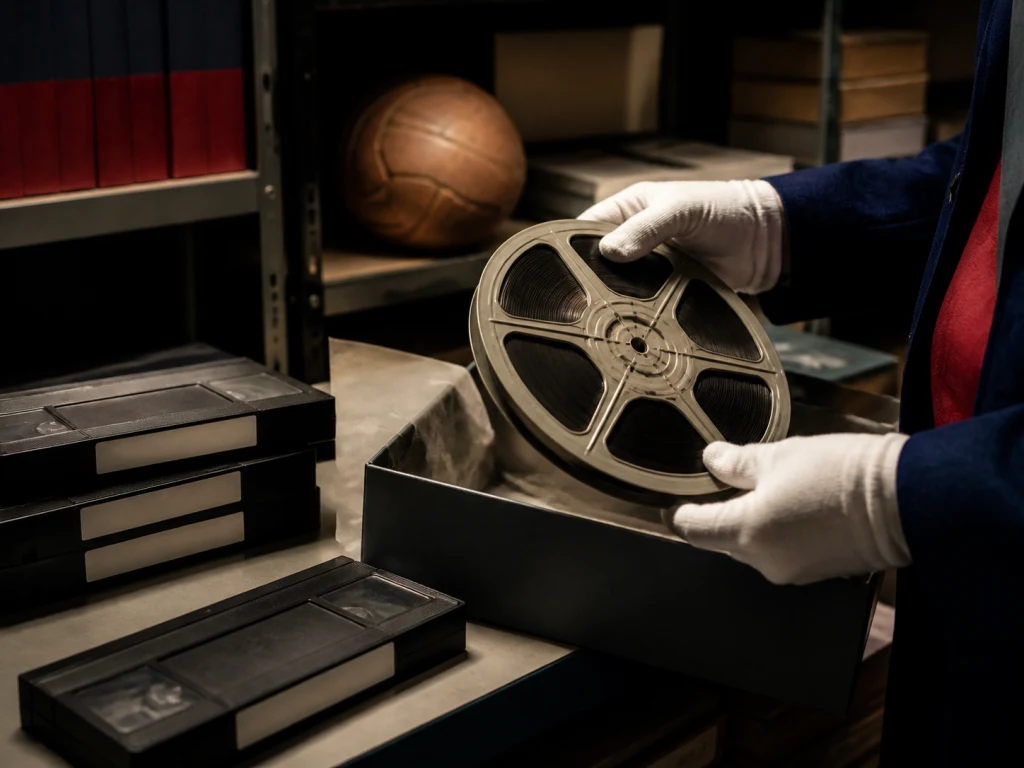 Écran diffusant les archives vidéo des grands matchs de football