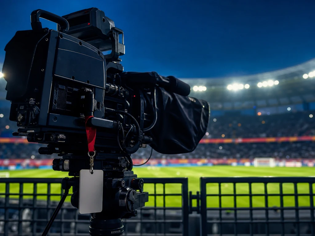 Écran diffusant un match sportif avec symboles de droits vidéo